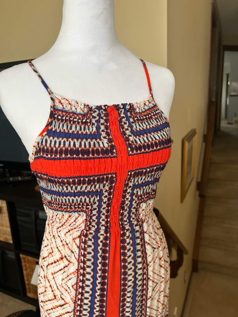 Monteau Red/Orange and Navy Patterned Smoked Bodice Maxi Sundress